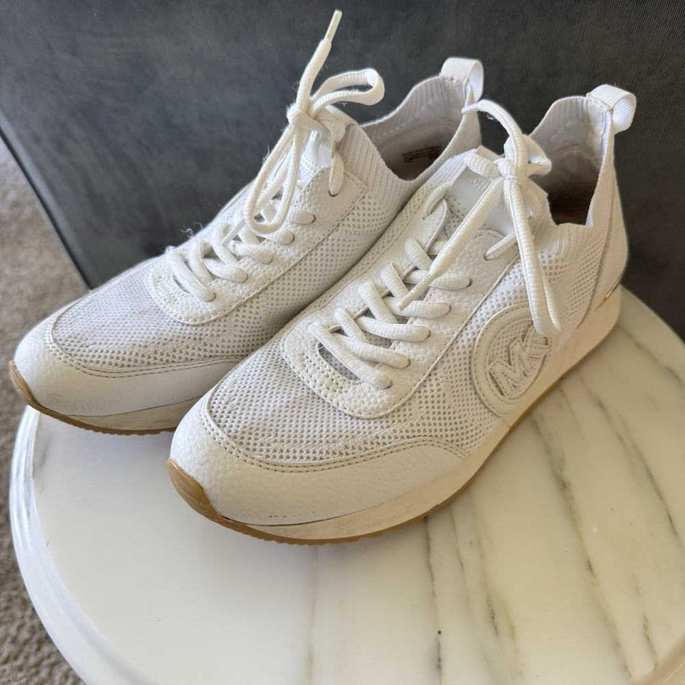 Michael Kors Jenkins Women's 7.5 Stretch Knit Trainer Sneaker MK White / Gold - Picture 5 of 6